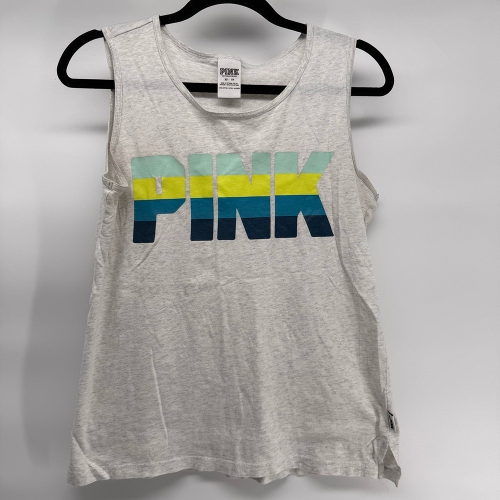 Victorias Secret PINK Grey Muscle Tank Top Women Ombre Green Blue Logo Graphic